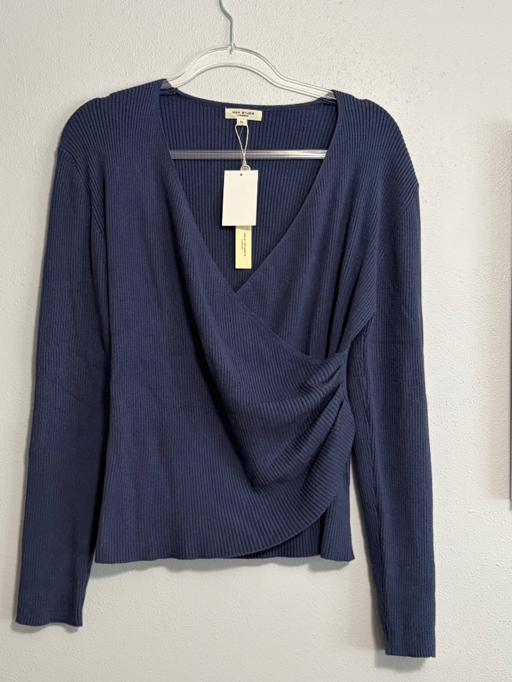 Max Studio Blue Ribbed Faux Wrap V-Neck Sweater XL NWT